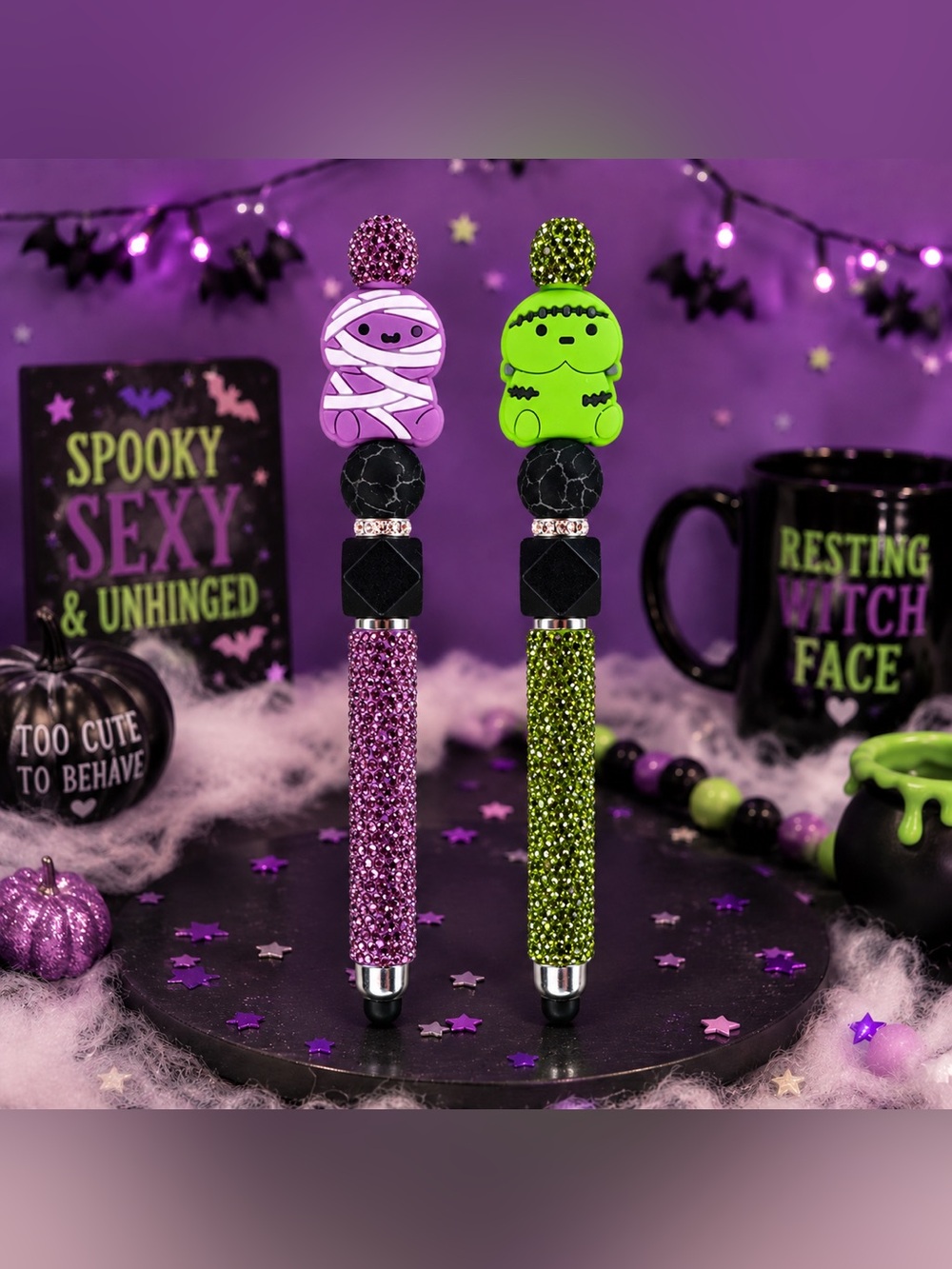 Halloween Mummy/Frankenstein Adult Humor Rhinestone Stylus & Pen 💜Pick One💚